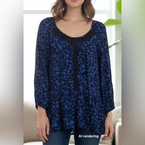HD in Paris x Anthropologie Navy Blue Print Boho Ruffle Blouse | Medium